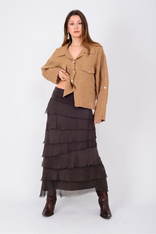 Long Slimming Italian Fit Silk Tiered Skirt - Brown