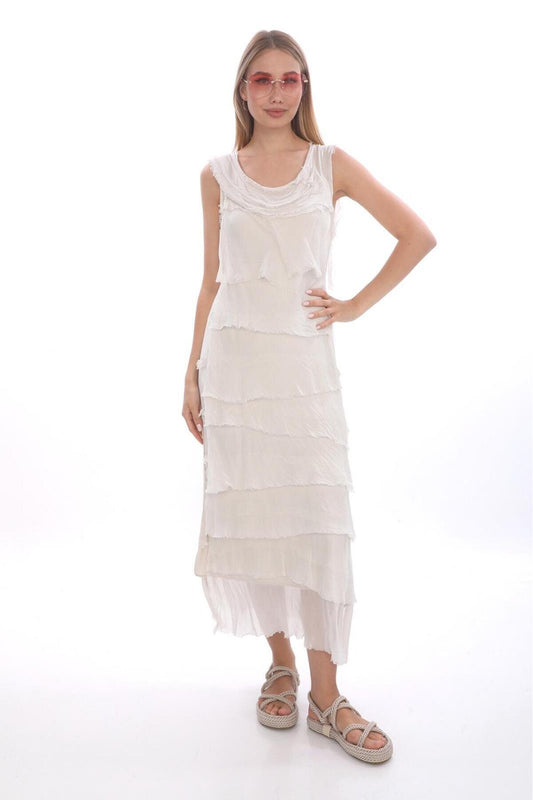 Long Slimming Italian Layered Silk Dress - Cream