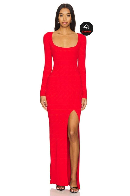 Long Slit Oval-Neck Evening Dress - Red