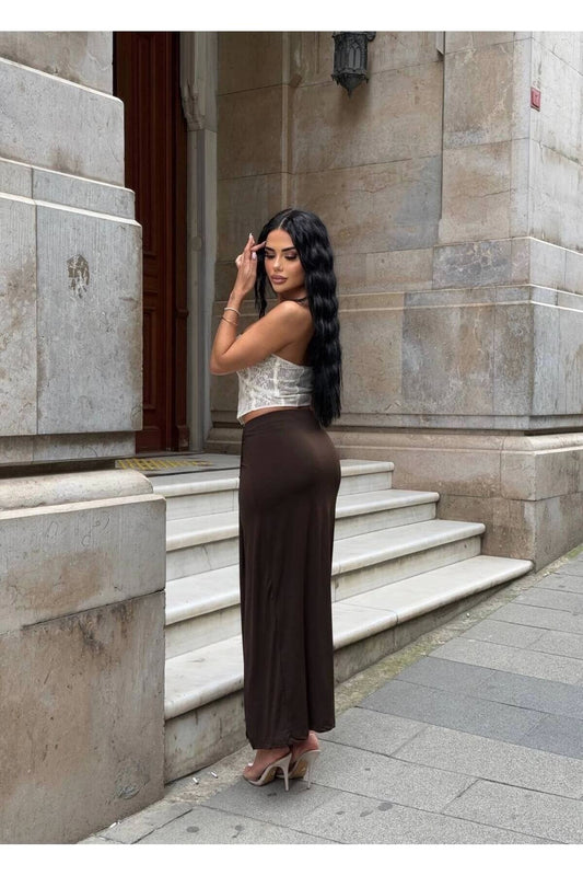 Long Slitted Gathered Detail Skirt - Brown