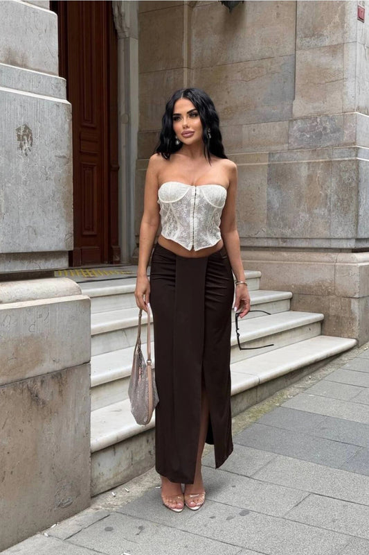 Long Slitted Gathered Detail Skirt - Brown