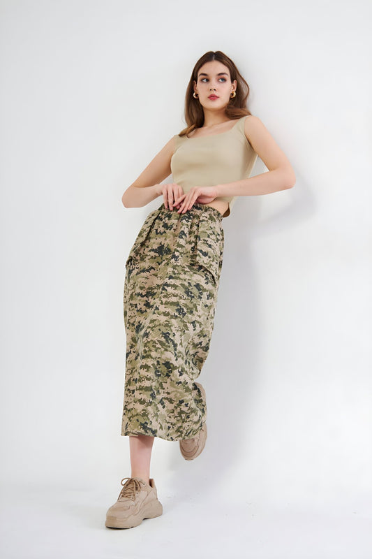 Long Sporty Camouflage Elasticated Waist Pocket Detail Skirt - Khaki Beige