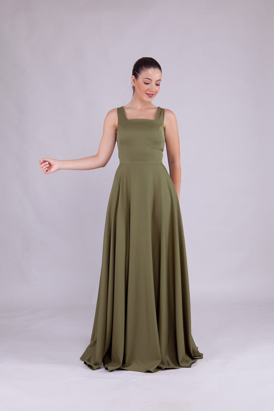 Long Square Neck Evening Dress - Khaki