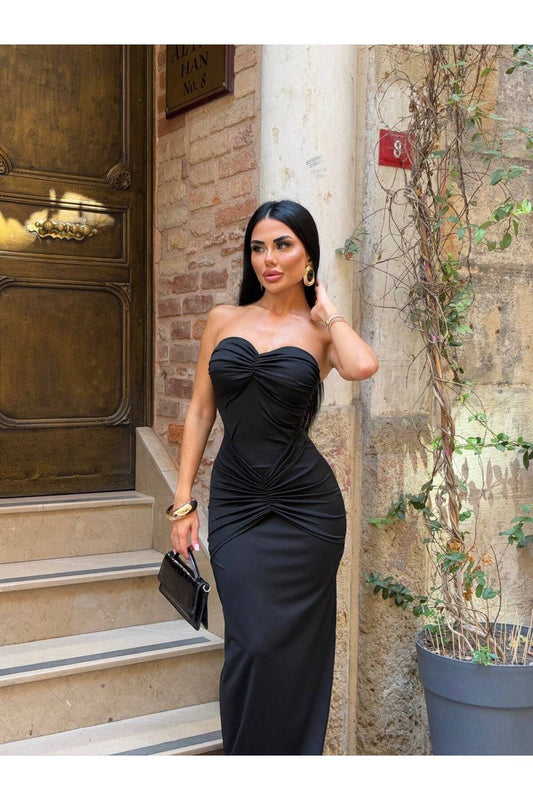 Long Strapless Bust-Detail Evening Dress - Black