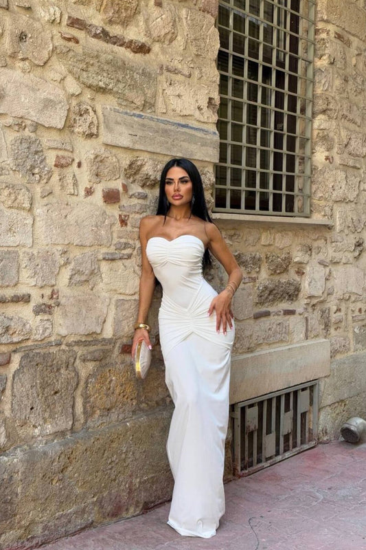 Long Strapless Bust Detail Evening Dress - White