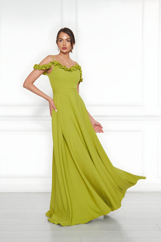 Long Strapless Flared Woven Ruffle Detail Evening Dress - Pistachio Green