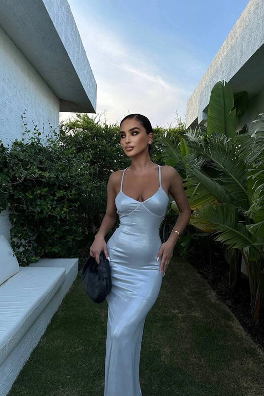 Long Strappy Shimmery Backless Slit Detail Evening Dress - Gray