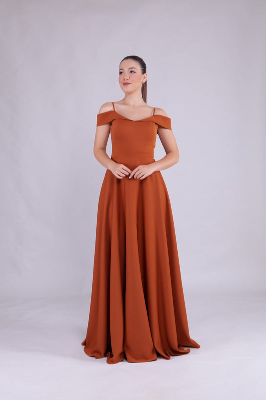 Long Strappy Shoulder-Detail Evening Dress - Cinnamon