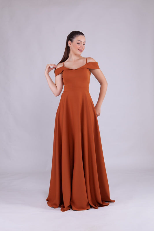 Long Strappy Shoulder-Detail Evening Dress - Cinnamon