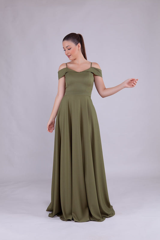 Long Strappy Shoulder-Detail Evening Dress - Khaki