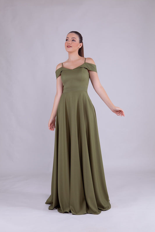 Long Strappy Shoulder-Detail Evening Dress - Khaki