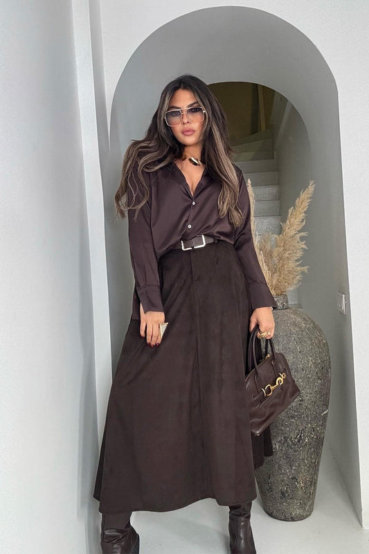 Long Suede-Effect Belted Skirt - Dark Brown