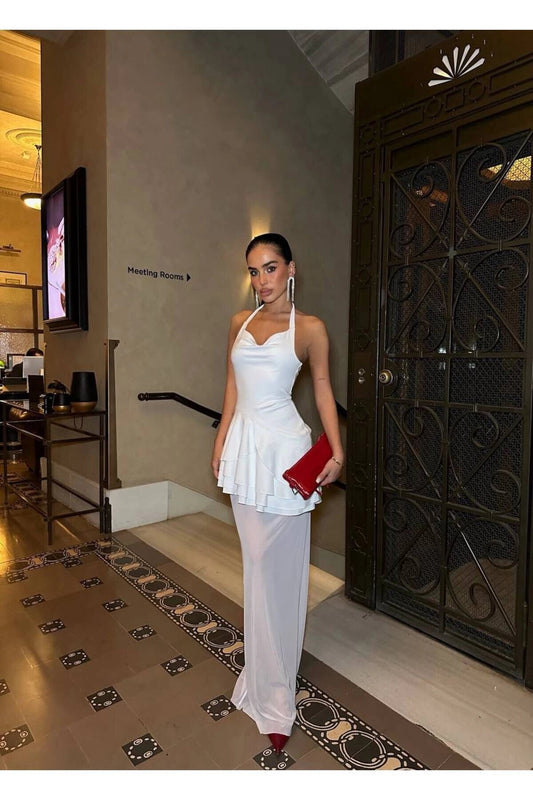 Long Tulle Skirted Backless Ruffle Detail Evening Dress - White