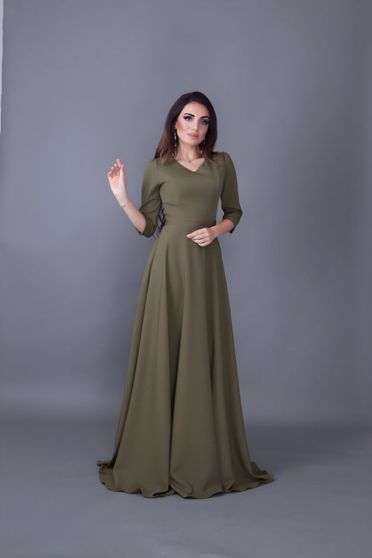 Long V-Neck Evening Dress - Khaki