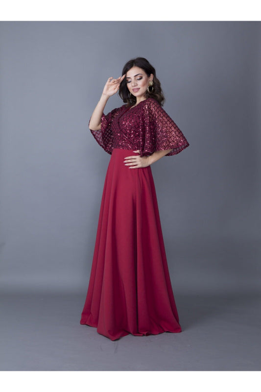 Long Wrap Batwing Sleeve Sequin Detail Evening Dress - Burgundy