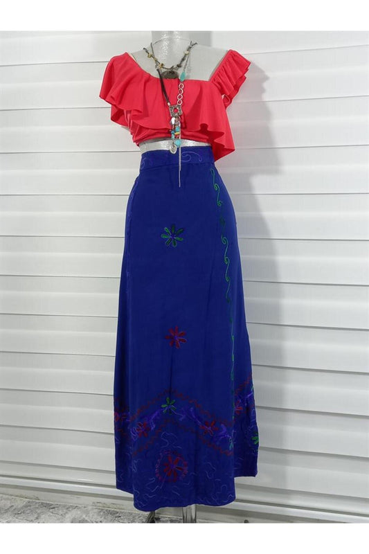 Long Wrap Floral Indian Embroidered Skirt - Blue