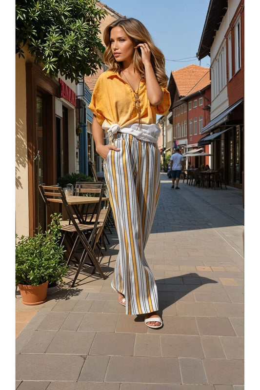 Loose Comfortable Vertical Striped Elastic Waisted Pocketed Pants - Mustard Beige