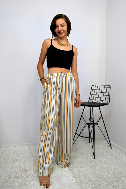 Loose Comfortable Vertical Striped Elastic Waisted Pocketed Pants - Mustard Beige