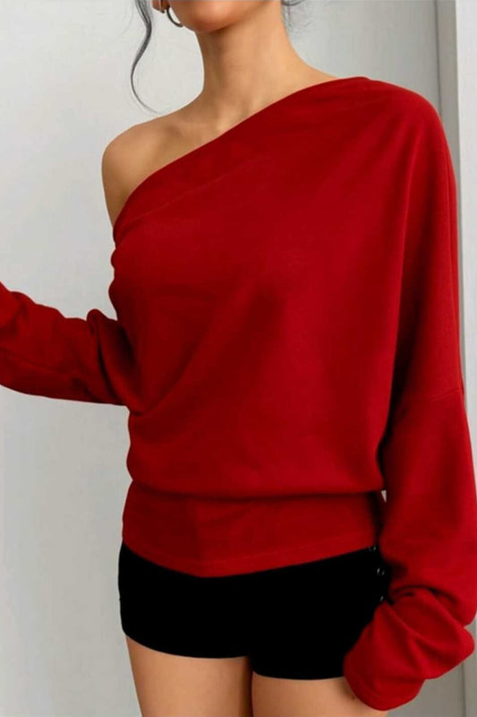 Loose Fit Asymmetric Boat Neck Two-Yarn Sweatshirt - Red