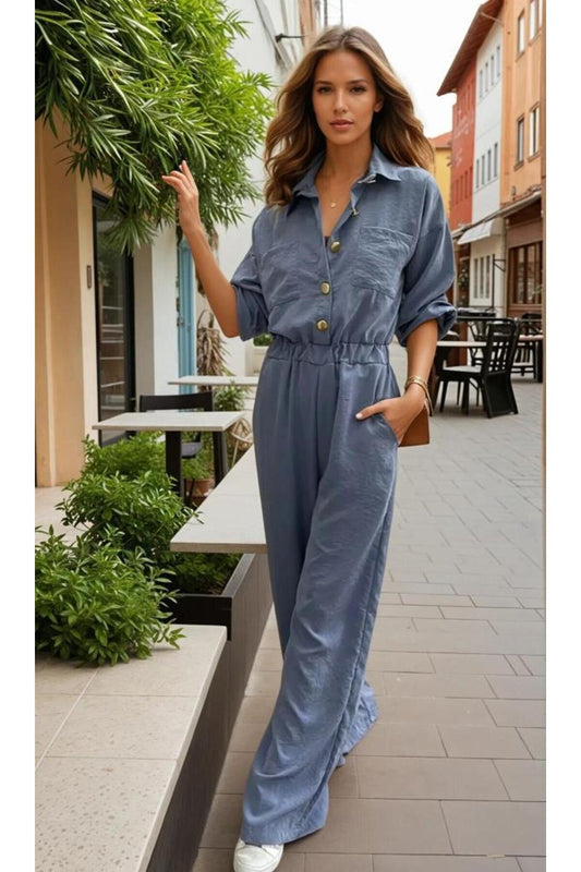 Loose Fit Long Sleeve Cupro Jumpsuit with Elasticated Details - Gray