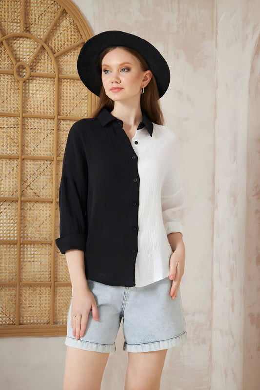 Loose Long-Sleeved Two-Piece Color Block Cotton Muslin Shirt - Black White