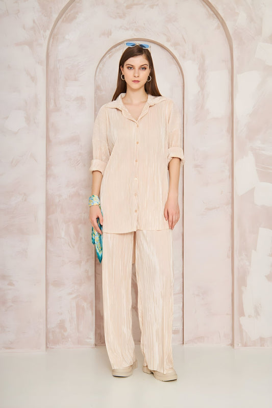 Loose Wide-Leg Crinkled Stretchy Two-Piece Set - Beige