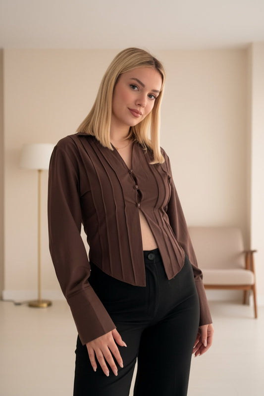 Low-Cut Poplin Button-Detail Shirt - Brown