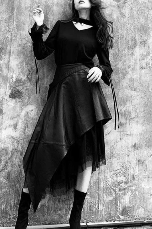 Midi Asymmetric Gothic Bohemian Tulle Skirt - Black