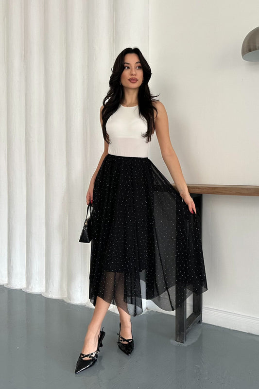 Midi Asymmetrical Lined Tulle Beaded Skirt - Black