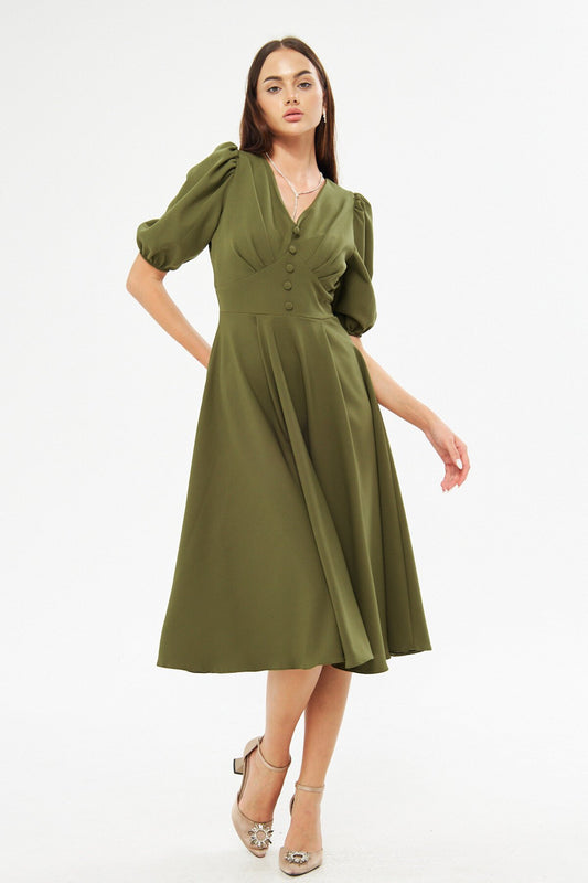 Midi Balloon Sleeve V-Neck Corset Belt Detail Evening Dress - Khaki