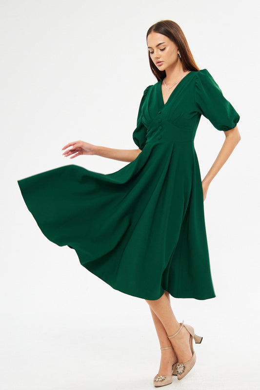 Midi Balloon Sleeve V-Neck Corset Belted Dress - Emerald