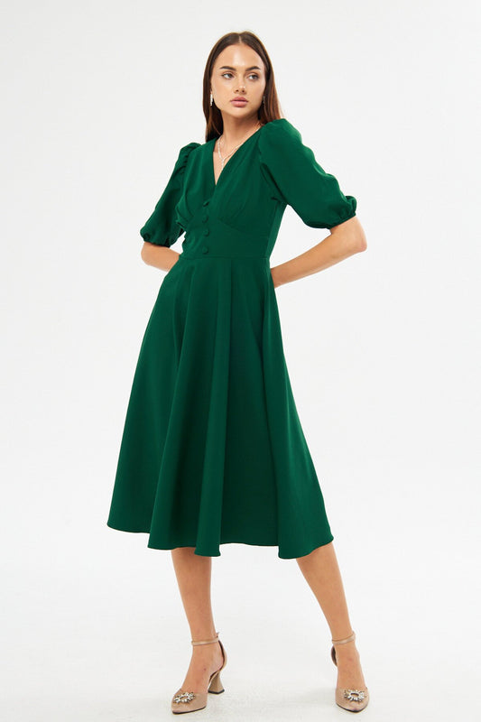 Midi Balloon Sleeve V-Neck Corset Belted Dress - Emerald