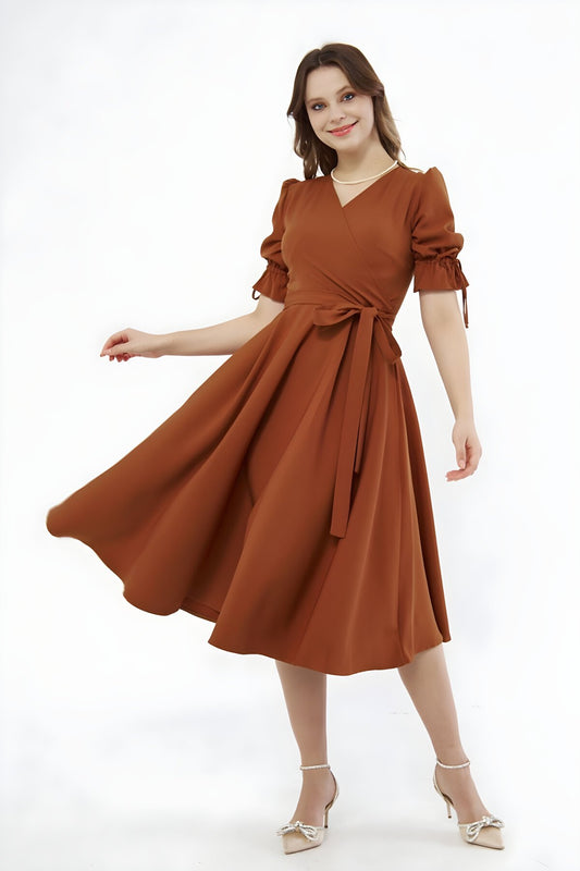 Midi Double-breasted Belted Dress - Cinnamon