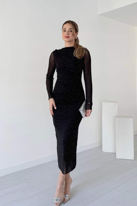 Midi Draped Jeweled Tulle Dress - Black