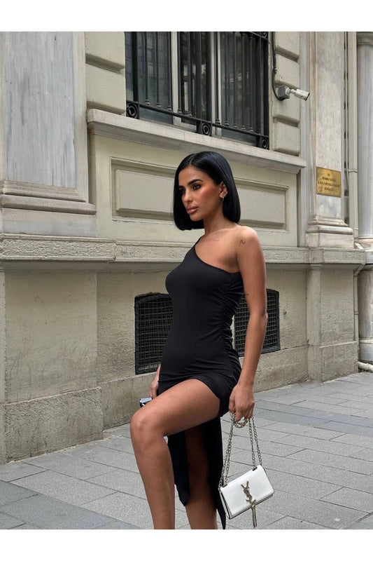 Midi Draped One-Shoulder Slit Dress - Black