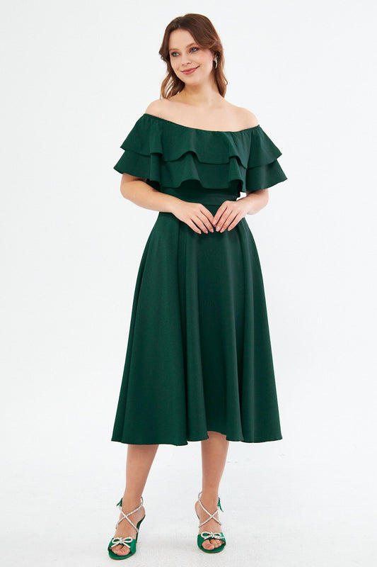 Midi Draped Ruffle Collar Dress - Emerald Green