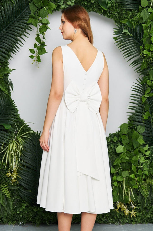 Midi Flared Pleated V-Neck Bow Back Evening Dress - White