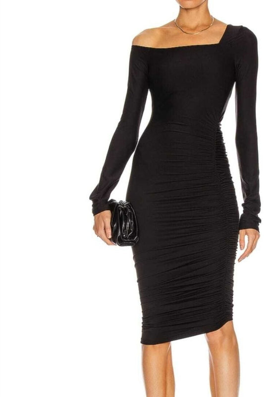 Midi Lace Side-Ruched Lined Dress - Black