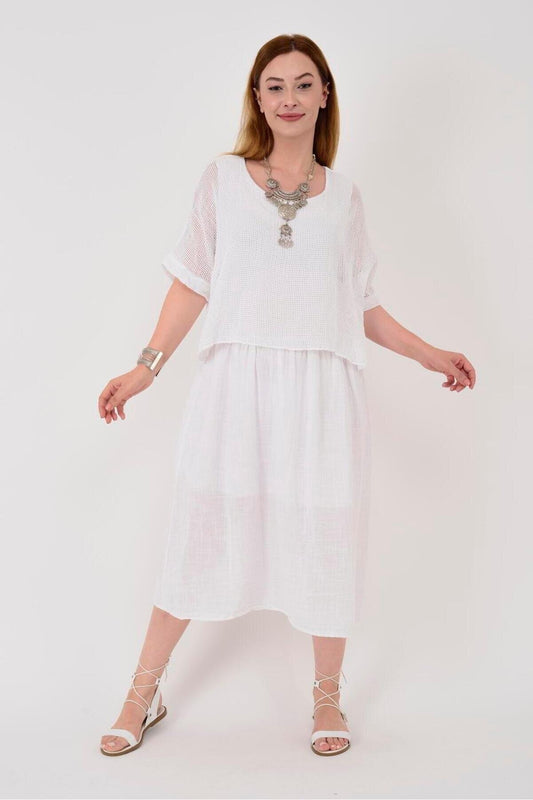 Midi Lined Italian Muslin Linen Dress - White