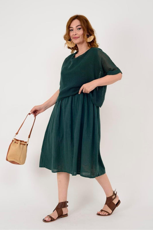 Midi Lined Mesh Blouse Detail Dress - Emerald Green