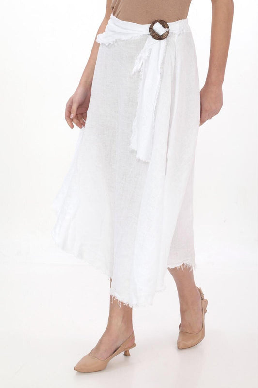 Midi Linen Buckled Belt Skirt - White