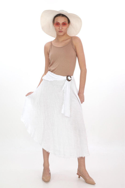 Midi Linen Buckled Belt Skirt - White