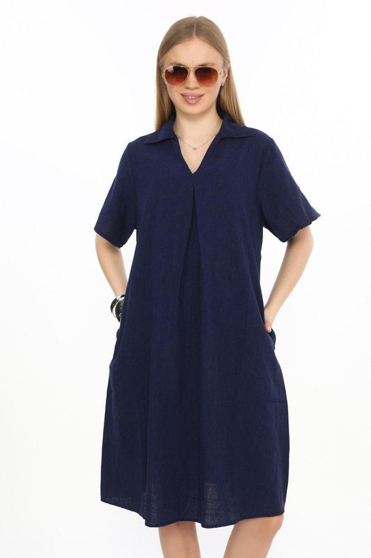 Midi Linen Short Sleeve V-Neck Dress - Navy Blue
