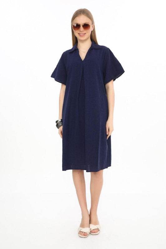 Midi Linen Short Sleeve V-Neck Dress - Navy Blue