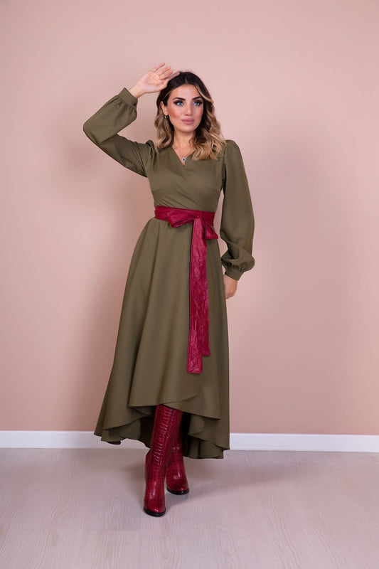 Midi Long-Sleeve Asymmetrical-Cut Leather-Belted Dress - Khaki Burgundy