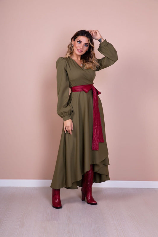 Midi Long-Sleeve Asymmetrical-Cut Leather-Belted Dress - Khaki Burgundy