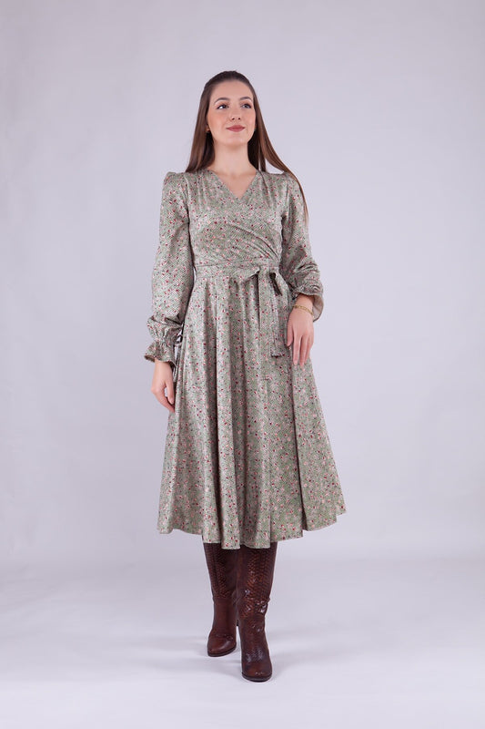 Midi Long Sleeve Floral Patterned Velvet Wrap Neck Dress - Mint