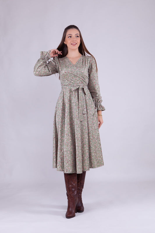 Midi Long Sleeve Floral Patterned Velvet Wrap Neck Dress - Mint