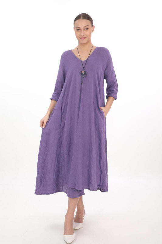 Midi Long Sleeve Italian Linen V-Neck Dress - Purple