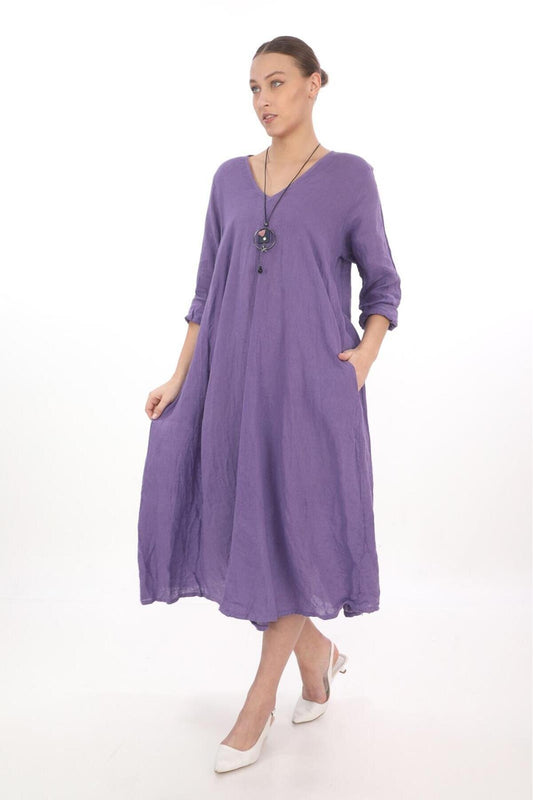 Midi Long Sleeve Italian Linen V-Neck Dress - Purple